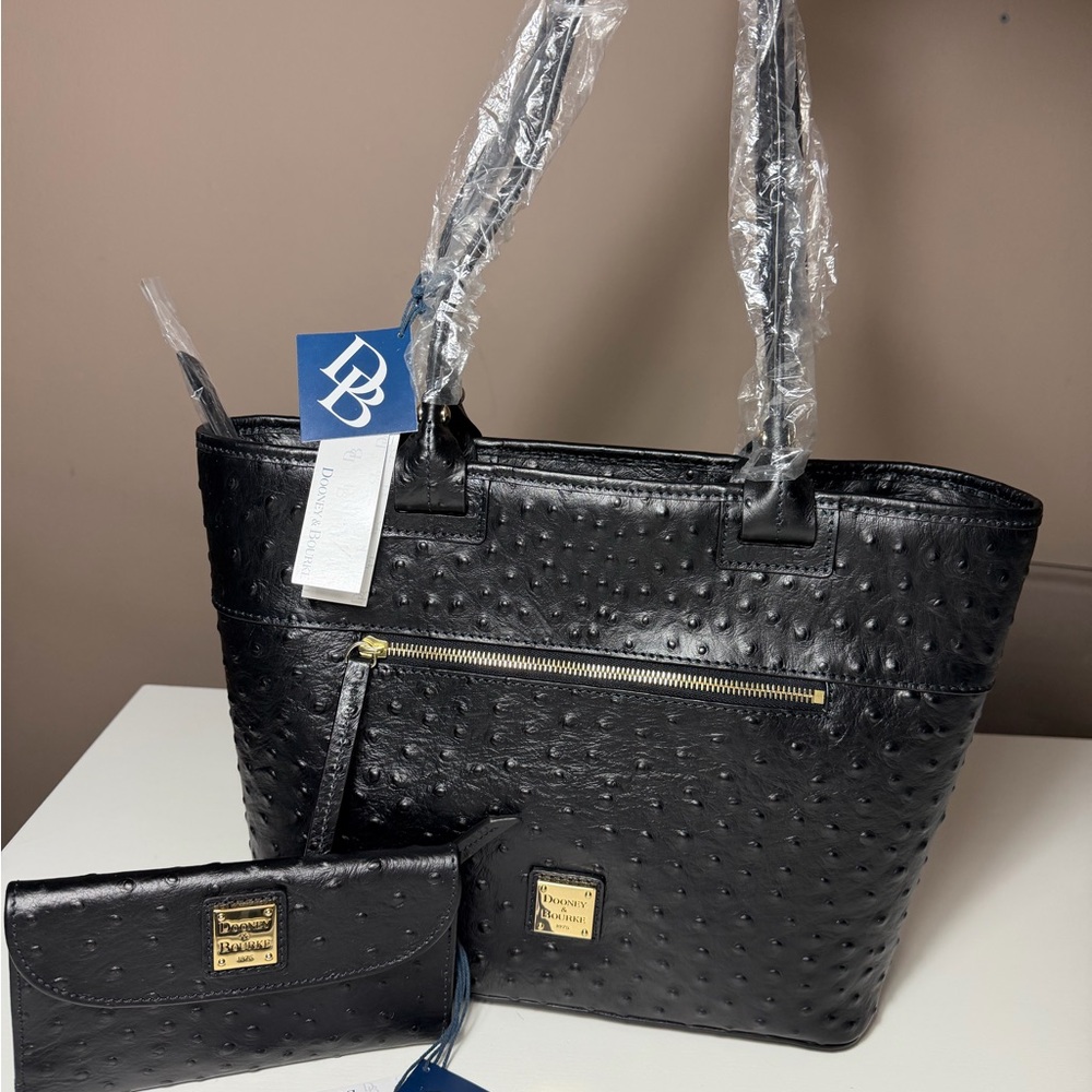 Dooney & Bourke Black Ostrich Zip Tote Bag